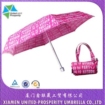 China Pink Letters Pattern Triple Folding Aluminium Umbrella for sale