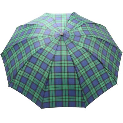 China BSCI 8mm Metal Shaft Three Folding Umbrella Green Check Pattern For Men for sale