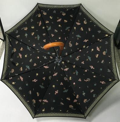 China 190T Paraplu van de pongézijde de Hand Open Houten Schacht met Volledige Kleurendruk Te koop