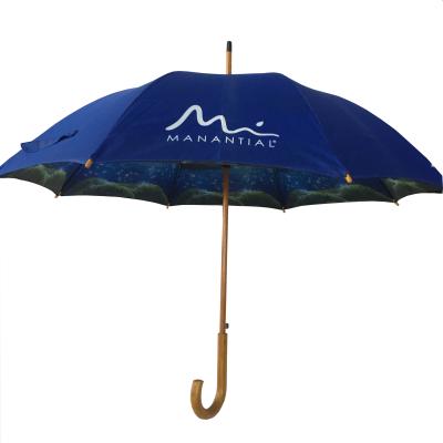China Auto Open Double Layer 190T Pongee Fabric Wooden J Handle Umbrella for sale