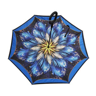 China Custom Fiberglass Frame Reverse Inverted Umbrella Double Layer With C Shape Handle for sale