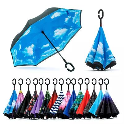 China C Shape Handle Inverted Reverse Umbrella Custom Pattern Double Layer With Logo Prints for sale