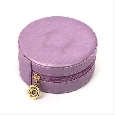 China 11cm 5cm Leather Zip Jewelry Case Round Mirrored Jewelry Box for sale