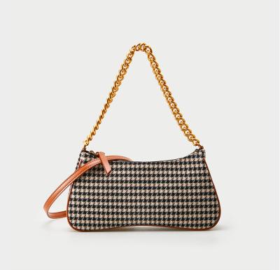 China PU Baguette Shoulder Bag Houndstooth Texture Retro Brown for sale