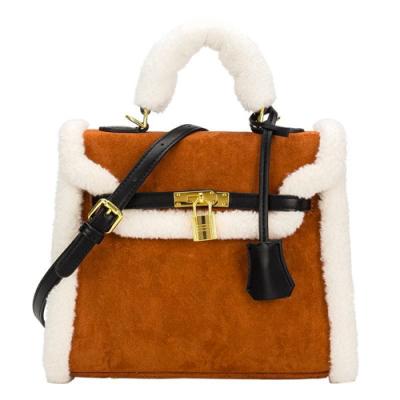 China 25cm Womens Leather Bag Lambswool O Plush Brown Velvet Bag for sale