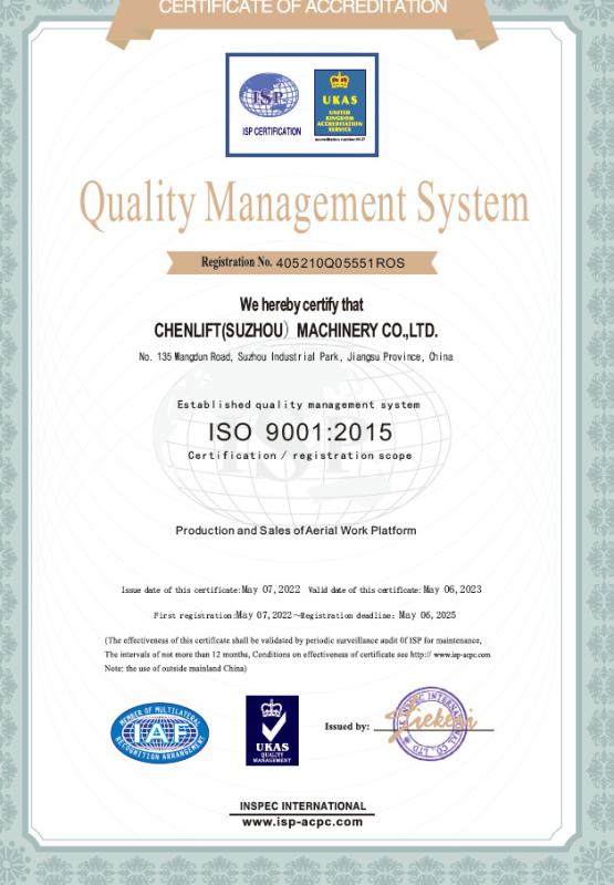 ISO 9001:2015 - CHENLIFT (SUZHOU) MACHINERY CO LTD