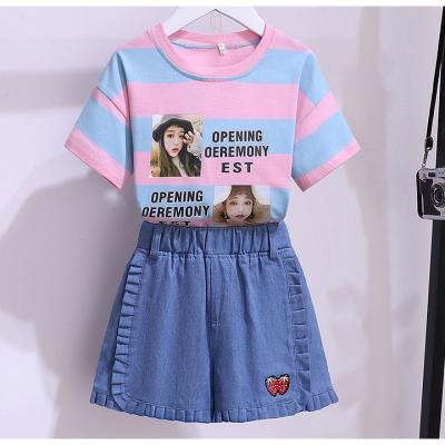 China Striped Strawberry Denim Fabrics Primary Children'S Clothing Girl'S 2pcs Set for sale