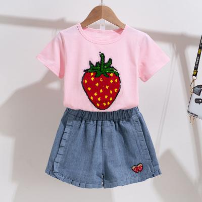 China White And Pink Strawberry Cotton Little Girls Clothes Girls Outfit Sets for sale