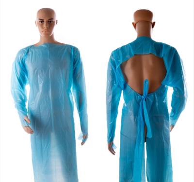 China Durable Lightweight Blue Plastic Isolation Gowns With Thumb Loop for sale