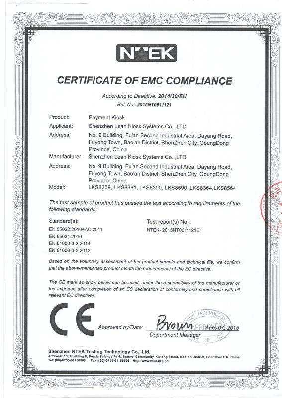CE-EMC - Shenzhen Lean Kiosk Systems Co. Ltd