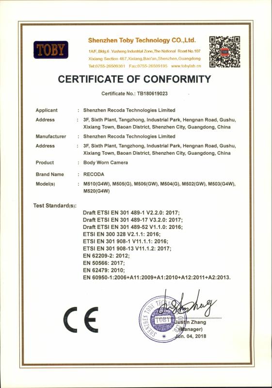 Body camera CE - Shenzhen Recoda Technologies Limited