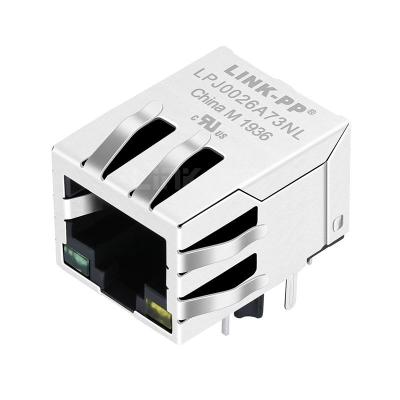 China Pulse J0026D21FNL Compatible LINK-PP LPJ0026A73NL 10/100 Base-T Tab Down Green/Yellow Led 1 Port Cat6 Shielded RJ45 Connector for sale