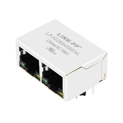 China Pulse JXD0-2019NL Compatible LINK-PP LPJG26945BENL 10/100/1000 Base-T 10p8c Tab Down Green/Yellow LED 1x2 Port RJ45 Connector for sale