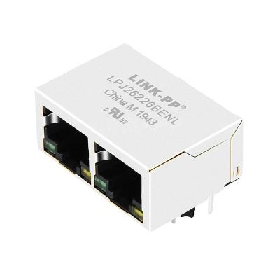 China LPJ26226BENL 10/100 Base-T 8p8c Tab Down Green/Yellow LED 1x2 Port RJ45 Connector for sale