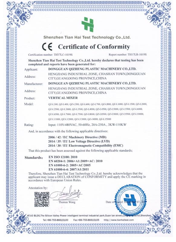CE Certificate - Dongguan Qizheng Plastic Machinery Co., Ltd.