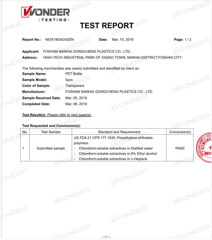 FDA Food Certification - Foshan Nanhai Gongcheng Plastic Co., Ltd.
