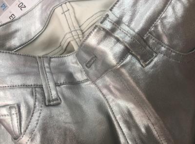 China Coating pu denim fabric for women jeans jacket silver color gold blue pink color custom made in china for sale