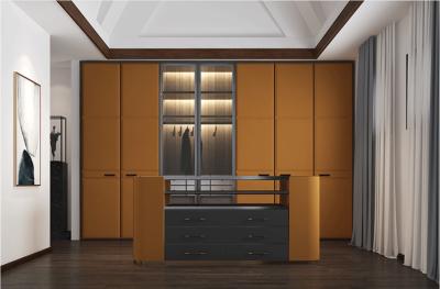 China Senior Design Walk In Closet Wardrobe Leather Glass Door Line Shape With Island for sale