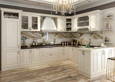 China Luxury  Primery Solid Wood Kitchen Cabinets In L Shape And With Tall Cabinet for sale