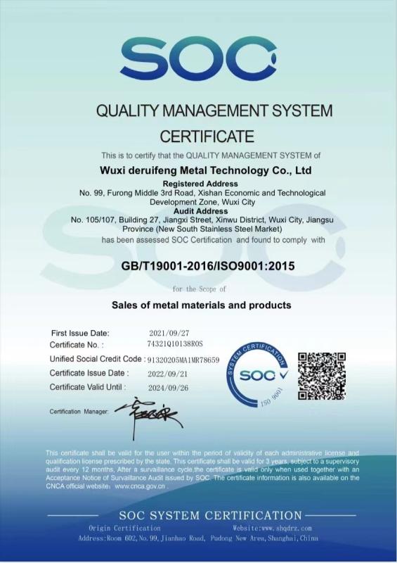ISO - Wuxi Deruifeng Metal Technology Co., LTD