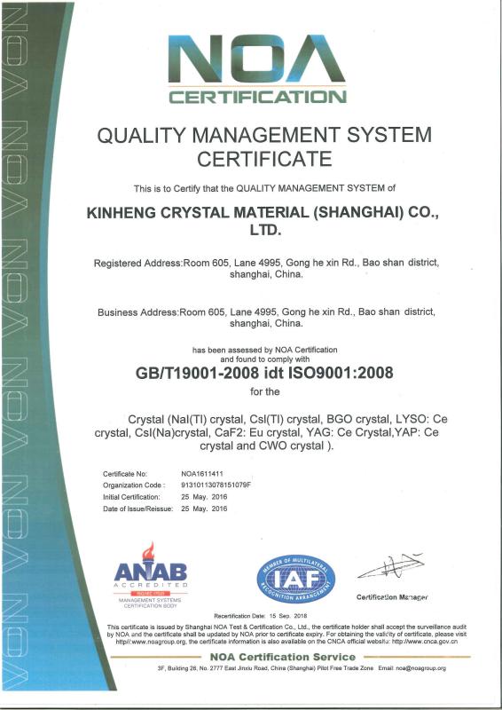 ISO9001:2008 - Kinheng Crystal Material (Shanghai) Co., Ltd.