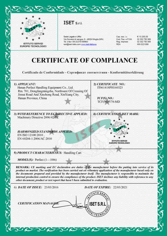 CE Certificate - Henan Perfect Handling Equipment Co., Ltd.