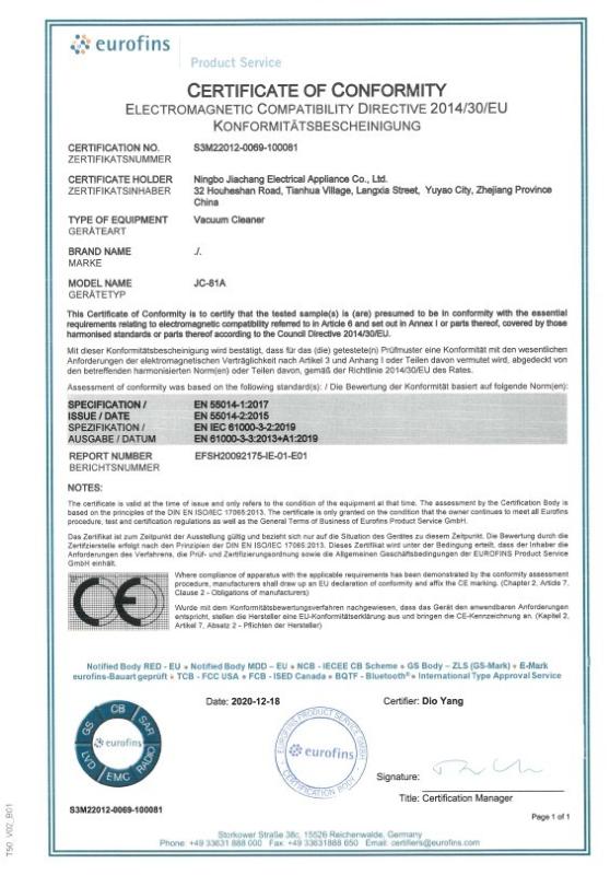 CE - Ningbo Jiachang Electrical Appliance Co.,Ltd.