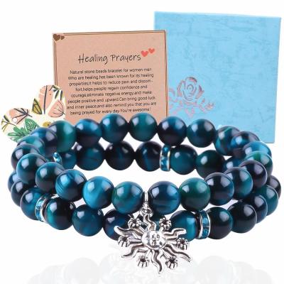 China Handmade Elastic Round Turquoise Blue Tiger'S Eye Stone Beaded Stretch Bracelet for sale