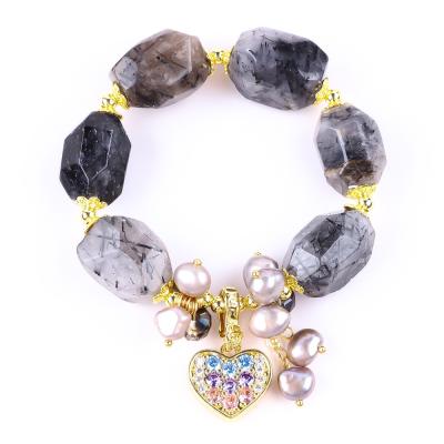 China Handmade Gemstone Bracelet Adjustable Charm Black Rutilate Quartz Bracelet Natural Stone Pearl Jewelry For Daily Wearing for sale