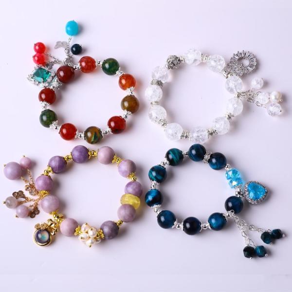 Quality Handmade Round Bead Crystal Gemstone Elastic Bracelet with Deluxe Charms for sale