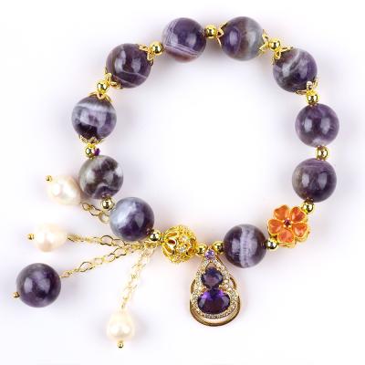 China Handmade Gemstone Beaded Bracelet Natural Amethyst Adjustable Peal Charms Bracelet For Party Daily Wearing for sale