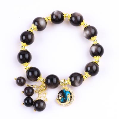 China Genuine Stone 12MM Silver Obsidian Round Star With Moon Charm Crystal Bead Bracelet for sale