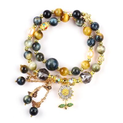 China Unique 8MM With Dream Tiger Eye SunFlower Spinner Charm  Blessing Crystal Double Layer Bracelet for sale