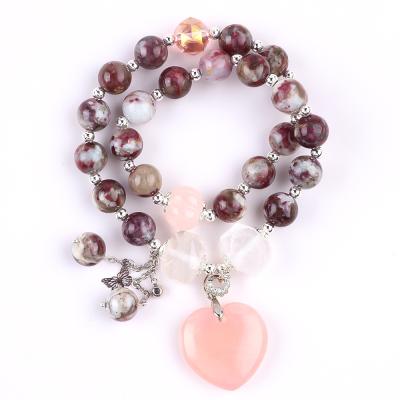 China Pulm Blossom Tourmaline Rose Quartz  Heart Dangle Charm Stretch Double Layer Bead Bracelet for sale