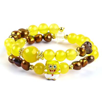 China Healing Real Crystal Yellow Chalcedony And Coffee Color Freshwater Pearl With Spongebob Cartoon Charm Bracelet for sale