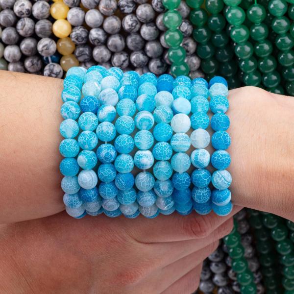 Quality Blue Weathered Agate Loose Bead Strands Semi Precious Stone Matt Frosted Cracked for sale