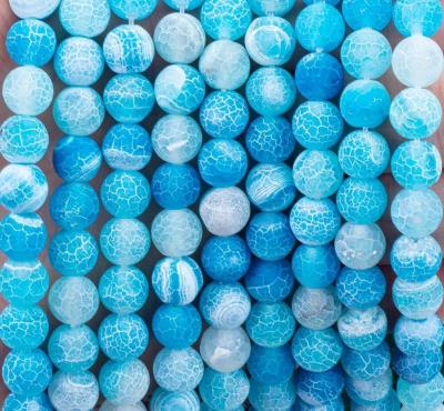 China Ágata azul desgastada com filamentos de contas soltas Pedra semi-preciosa Matt Frosted Agata rachada para fabricação de jóias à venda