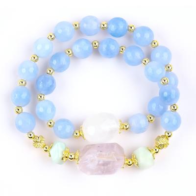 China Handmade Custom Crystal Blue Chalcedony Double Layer Multifacted Round Bead Bracelet For Jewelry Gift for sale