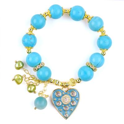 China 12mm Blue Turquoise Crystal Bracelet Sparkling Heart Stretch Charm Bracelet for sale