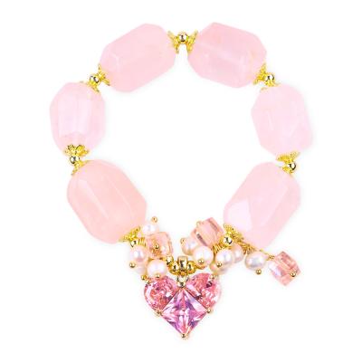 China Brazalete de piedra preciosa hecha a mano con amuletos ajustables Brazalete de piedra natural de cuarzo rosa Joyería de perlas para fiesta Uso diario en venta