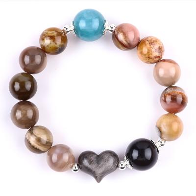 China Handmade Gemstone Beaded Bracelet Natural Petrified Wood Stone Bracelet Adjustable Peal Charms Bracelet For Party Daily for sale