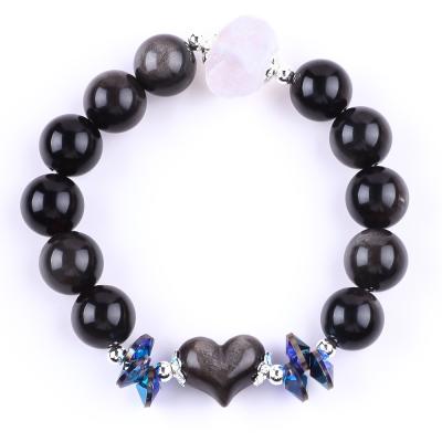 China Handmade Gemstone Beaded Bracelet Natural Silver Sheen Obsidian Stone Bracelet Adjustable Heart Charm Bracelet For Party for sale