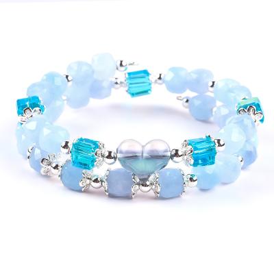 China Handmade Gemstone Beaded Bracelet Aquamarine Stone Bracelet Adjustable Heart Charms Bracelet For Party Daily Wearing for sale