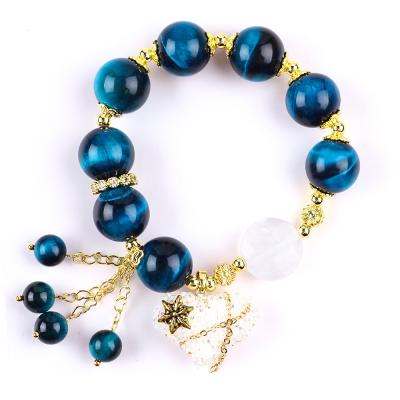 China Handmade Gemstone Beaded Bracelet Natural Blue Tiger's Eye Stone Bracelet Adjustable Heart Charms Bracelet For Party for sale