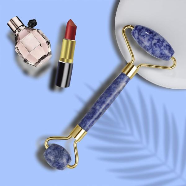 Quality Handheld Bule Dot Stone Crystal Jade Face Roller For Puffy Eyes for sale