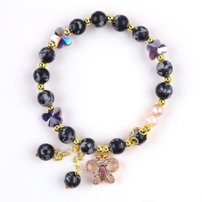 China 8MM Healing Natural Stone Snowflake Obsidian With Purple  Butterfly Charm Bead Bracelet for sale