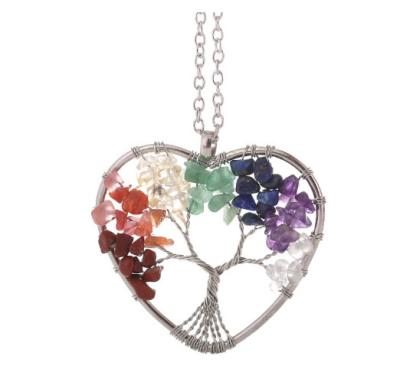 China Meditation Life Tree Heart Shaped Chakra Stone Crystal Necklace Adjustable Size for sale