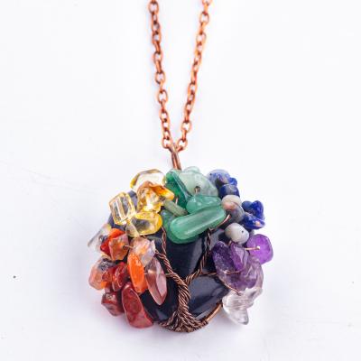 China Black Obsidian Heart Gemstone Chakra Tree Of Life Pendant Necklace for sale