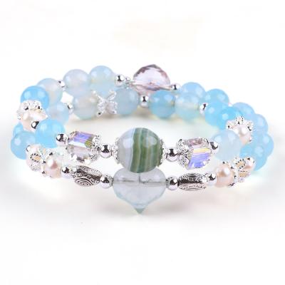 China 8 mm mehrfaches Blau-Agat-Rundform-Perlen und weißes Süßwasser-Perlen-Verstellbares Armband zu verkaufen