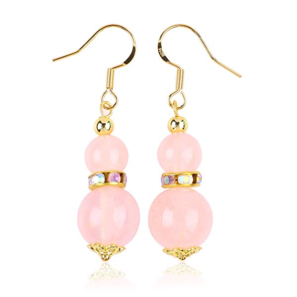 Quality Healing Energy Pink Rose Quartz Crystal Short Dangle Round Shape Bead Hook Earring For Daily Wear for sale